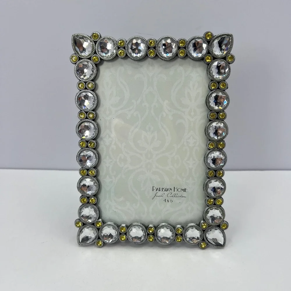 Bejeweled Rhinestone 4x6 Picture Frame Clear and Yellow Glam Hollywood Regency